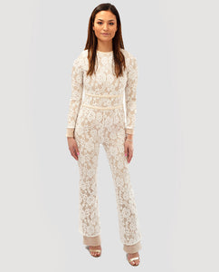 HIRE WHITE LACE JUMPSUIT WITH BELT DETAIL
