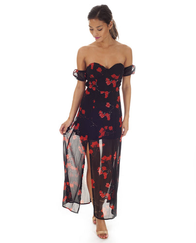 Hire Black Floral Off The Shoulder Midi Dress | Hirestreetuk.com