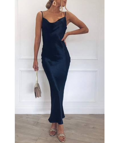 PRETTY LAVISH NAVY SATIN MIDI DRESS